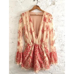 Women's Dreamy Boho Sheer Beige & Red Floral Lace Long Sleeve Romper S